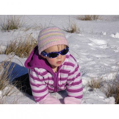Baby Banz Adventure Banz Blue Dot sunglasses in the snow