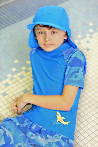 Boy in Fin Frenzy short-sleeved Blue rash shirt