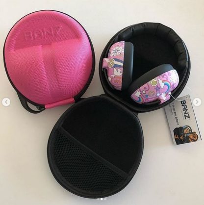 Azalea Pink under 2 earmuffs case with Peace earmuffs